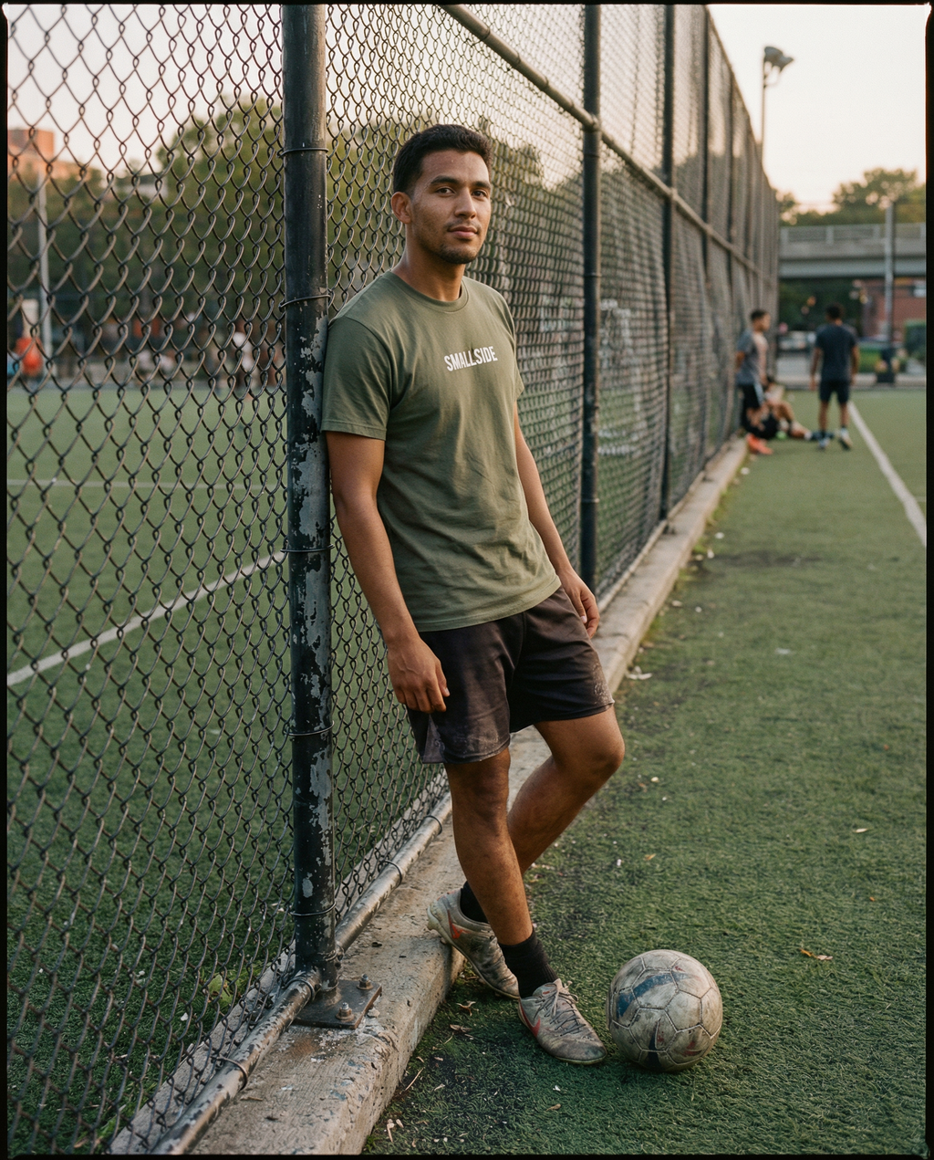 Man leaning against a chain-link fence on a soccer field with a soccer ball at his feet.