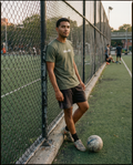 Man leaning against a chain-link fence on a soccer field with a soccer ball at his feet.