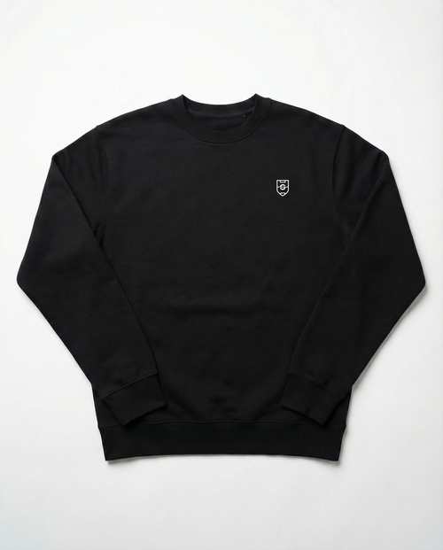 Black sweatshirt with a small logo on a white background