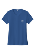 Blue t-shirt with a small white logo on a white background