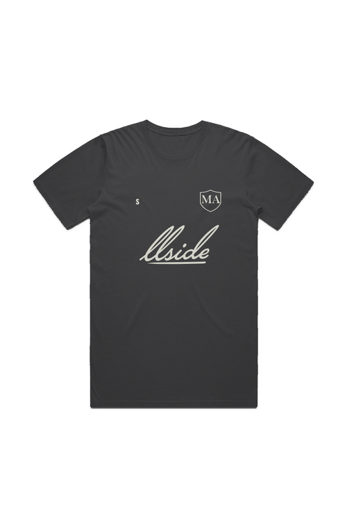 Black t-shirt with white text and logos on a white background