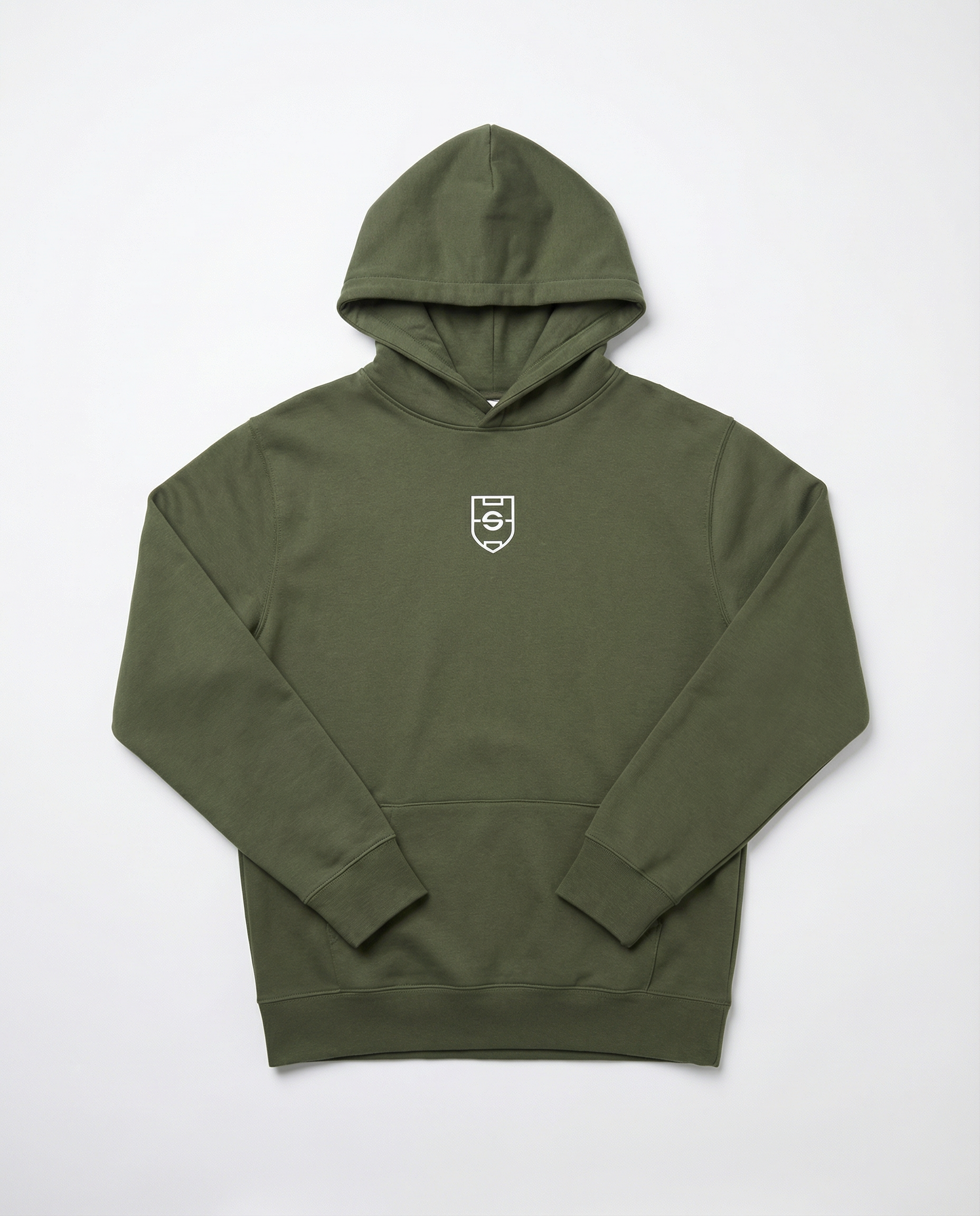 Green hoodie with a small logo on a white background
