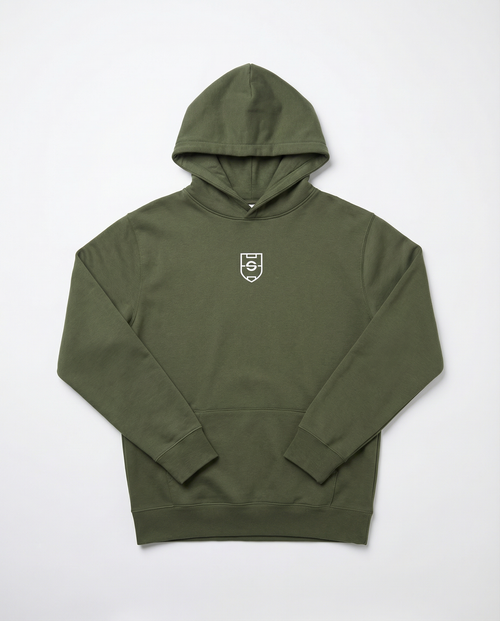 Green hoodie with a small logo on a white background