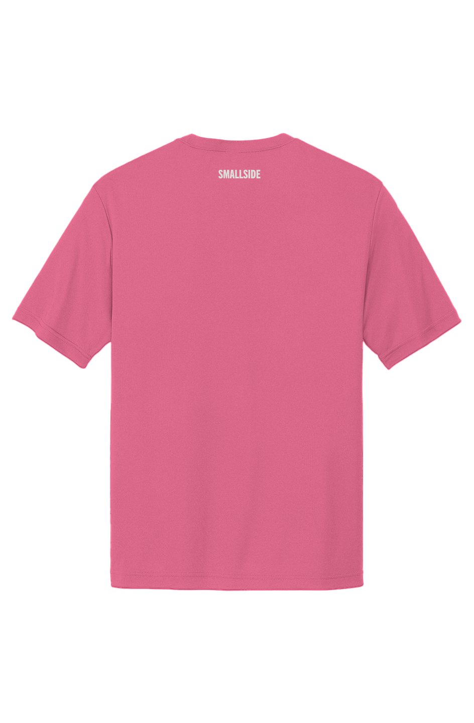 Pink t-shirt with 'Smallside' branding on the back against a white background