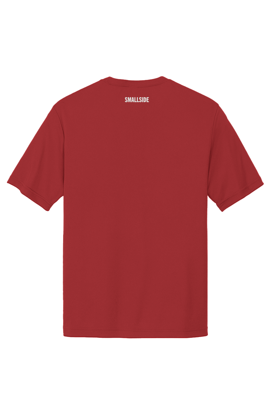 Red t-shirt with 'Smallside' branding on the back against a white background