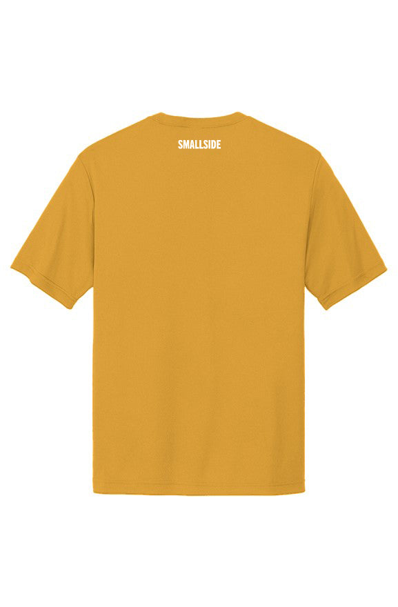Yellow t-shirt with 'Smallside' branding on the back against a white background