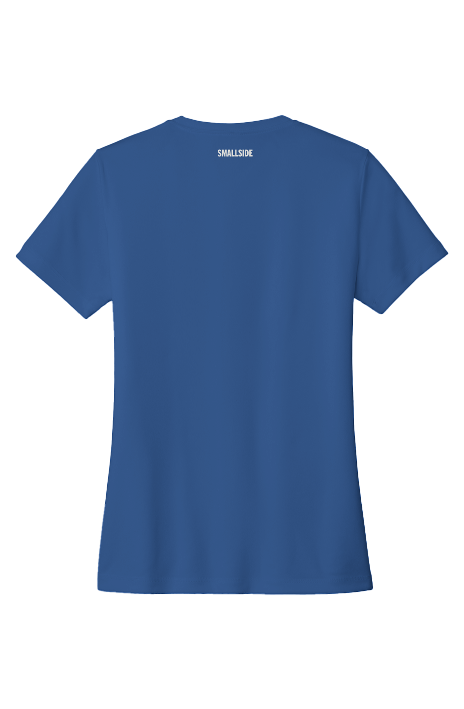 Blue t-shirt with 'Smallside' branding on the back against a white background