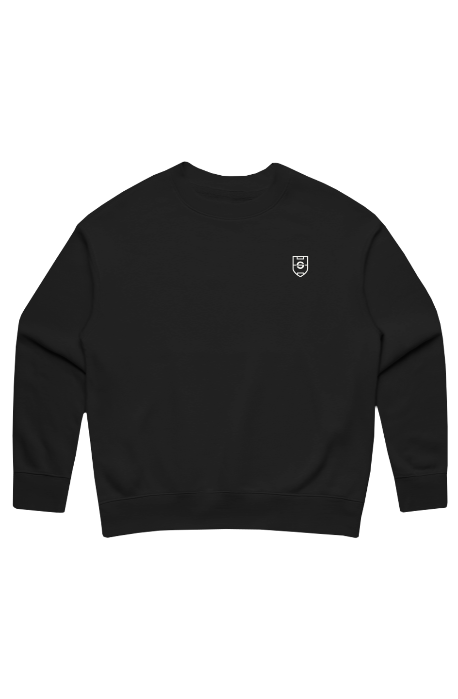 Black sweatshirt with a small logo on the chest against a white background