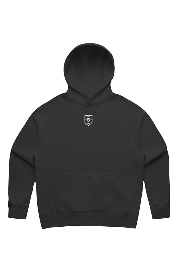 Black hoodie with a small logo on the chest against a white background