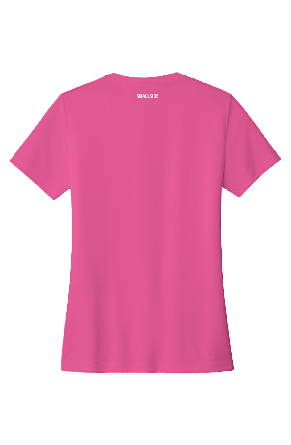 Pink t-shirt with 'Smallside' branding on the back against a white background